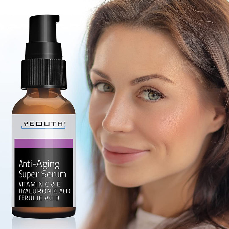 [Australia] - Anti-aging Super Serum, Ferulic Acid, Vitamin C, Vitamin E, Hyaluronic Acid by YEOUTH. Night Cream and Day Cream. Face Cream Reduces Visible Signs Of Aging, Wrinkles, Fine Lines - 1oz 