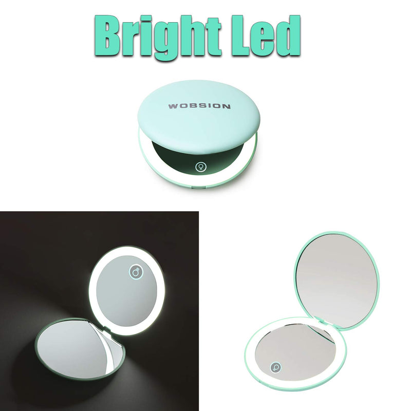 [Australia] - wobsion Led Compact Mirror, Rechargeable 1x/10x Magnification Compact Mirror, Dimmable Small Travel Makeup Mirror,Pocket Mirror for Handbag,Purse,Handheld 2-Sided Mirror,,Gifts for Girls,Cyan Cyan 