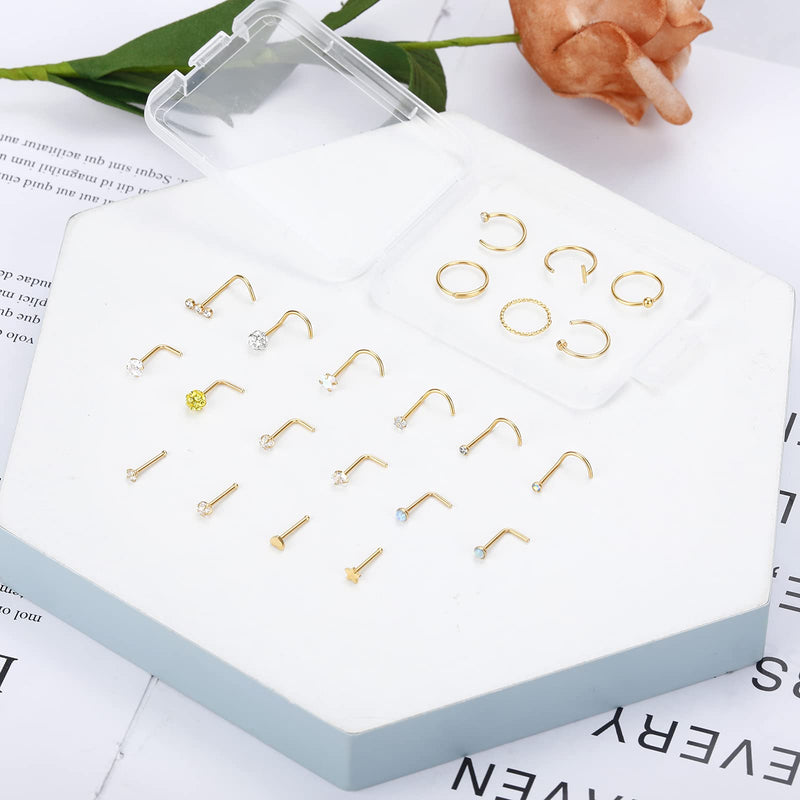 [Australia] - ONESING 51 Pcs 20G Nose Rings for Women Nose Piercings Jewelry Nose Rings Hoop Nose Studs CZ L Shaped Screw Stainless Steel for Women Men Gold 