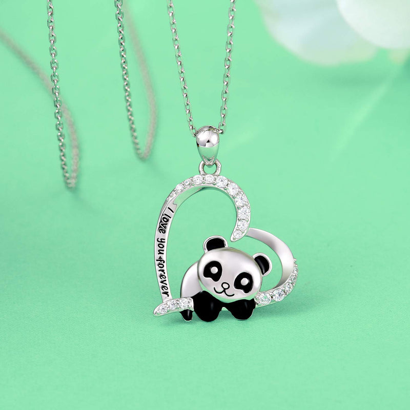 [Australia] - ACJNA 925 Sterling Silver Panda Bear Necklace Bamboo Heart Pendant Engraved I Love You Forever Women Jewelry cute panda 