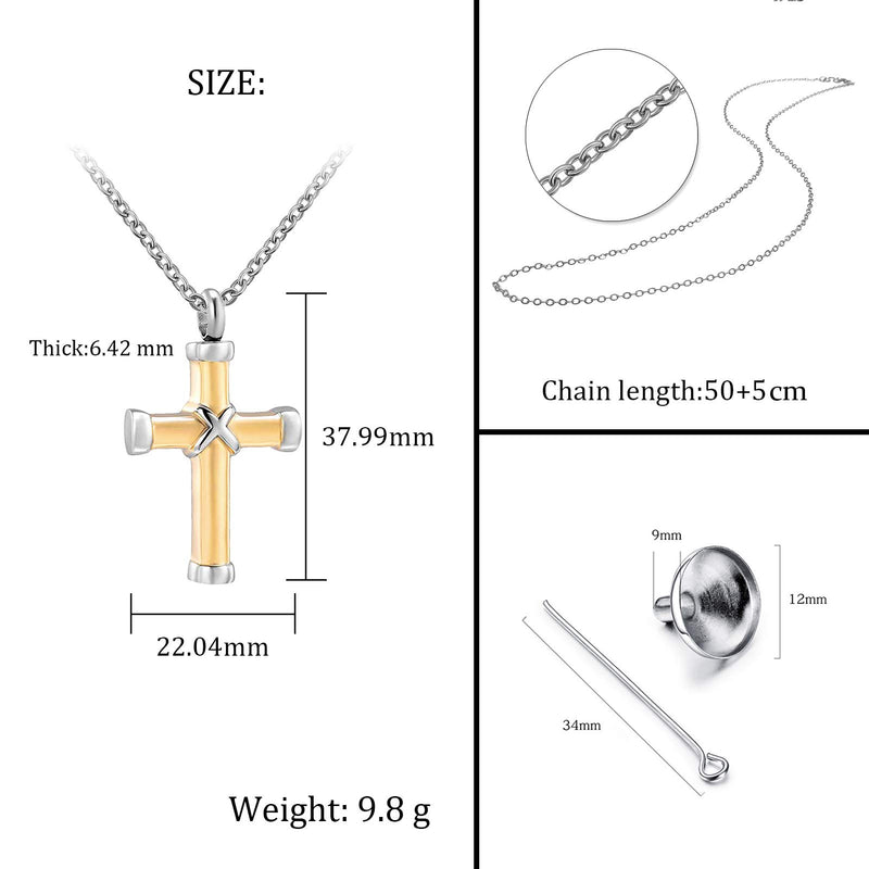 [Australia] - YSAHan Classic Cross Urn Necklace Ashes for Men Women Stainless Steel Religious Prayer Pendant Cremation Keepsake Jewelry Gold 