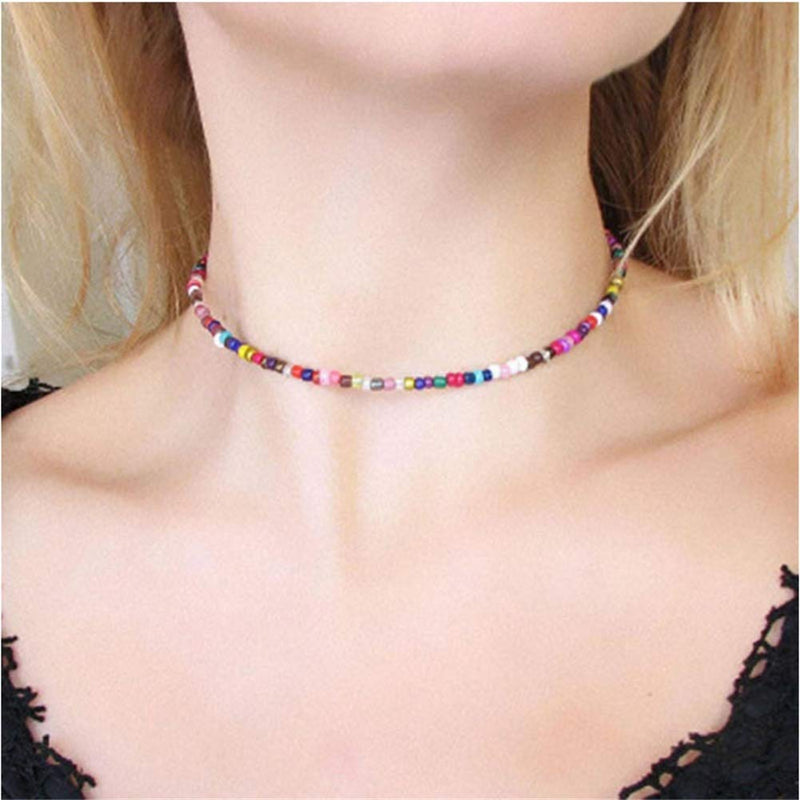 [Australia] - Seed Bead Choker Necklace Colorful Bohemian Choker Necklace Handmade Summer Hawaii Tiny Beaded Choker Adjustable for Girls Women 8pcs-1 