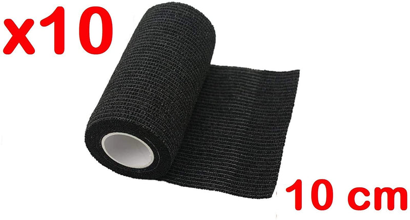 [Australia] - PintoMed -10 x Black - Cohesive Bandage Stretched 10 Rolls x 10cm x 4.5m Self-Adhesive Flexible Bandages, First Aid Sports Wrap Bandages - Pack of 10 