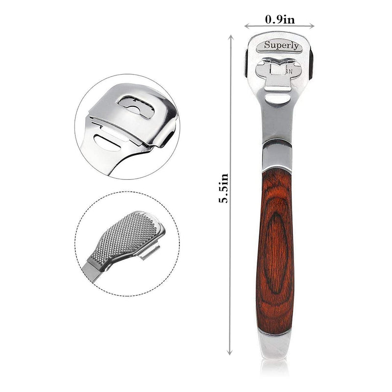 [Australia] - BEINY Stainless Steel Callus Shaver Pedicure Dead Hard Skin Remover Heel Razor Wooden Handle Cutter with Skin Rub & 10 Blades for Foot Care, Removing Solid, Cracked Skin Cells 