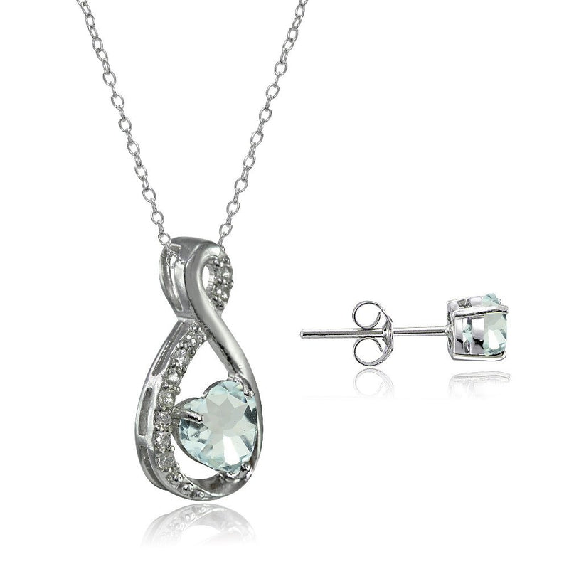 [Australia] - Lovve Sterling Silver Gemstone & White Topaz Infinity Heart Necklace Earrings Set Aquamarine 