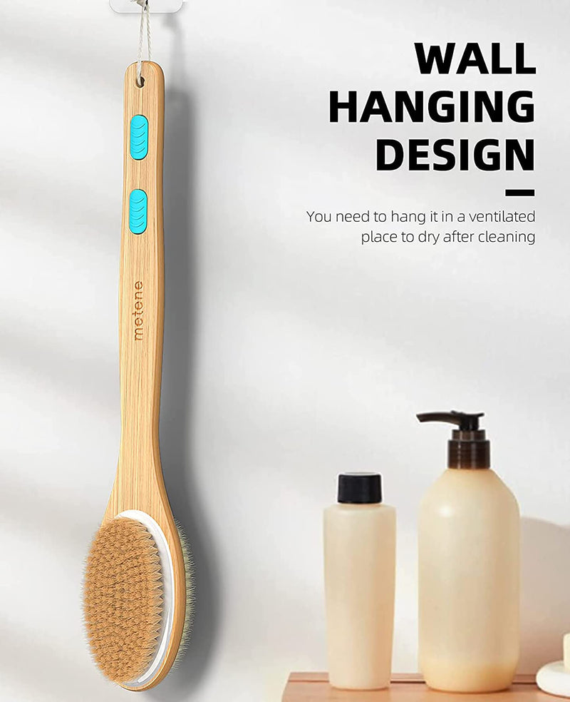 [Australia] - Metene Back Scrubber for Shower, Shower Brush for Exfoliating Skin and A Soft Scrub, Double-sided Body Brush Head for Wet or Dry Brushing, Long Wooden Handle Cleans the Body Easily 