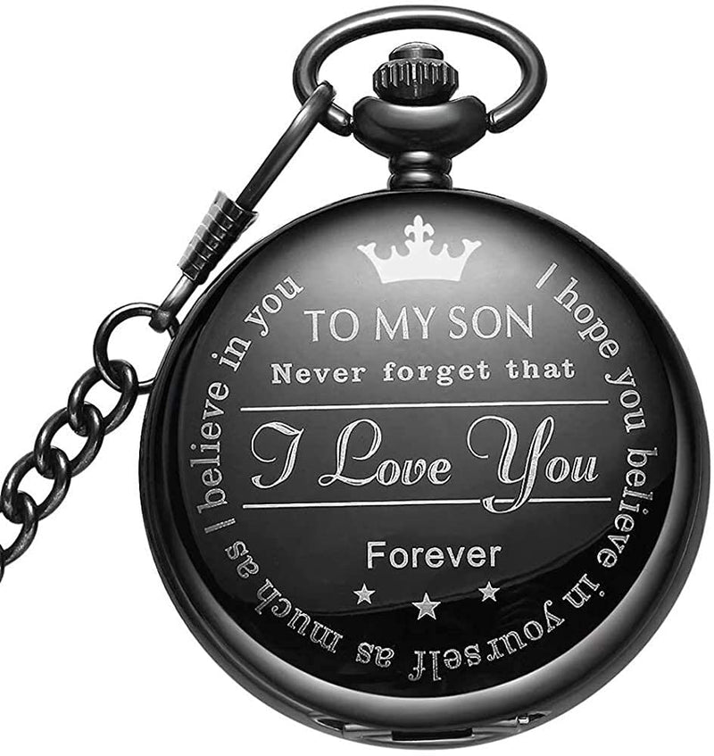 [Australia] - LYMFHCH Engraved Personalized Pocket Watch for Son Gifts Vintage Quartz Pocket Watches with Chain Christmas Graduation Gifts Black 