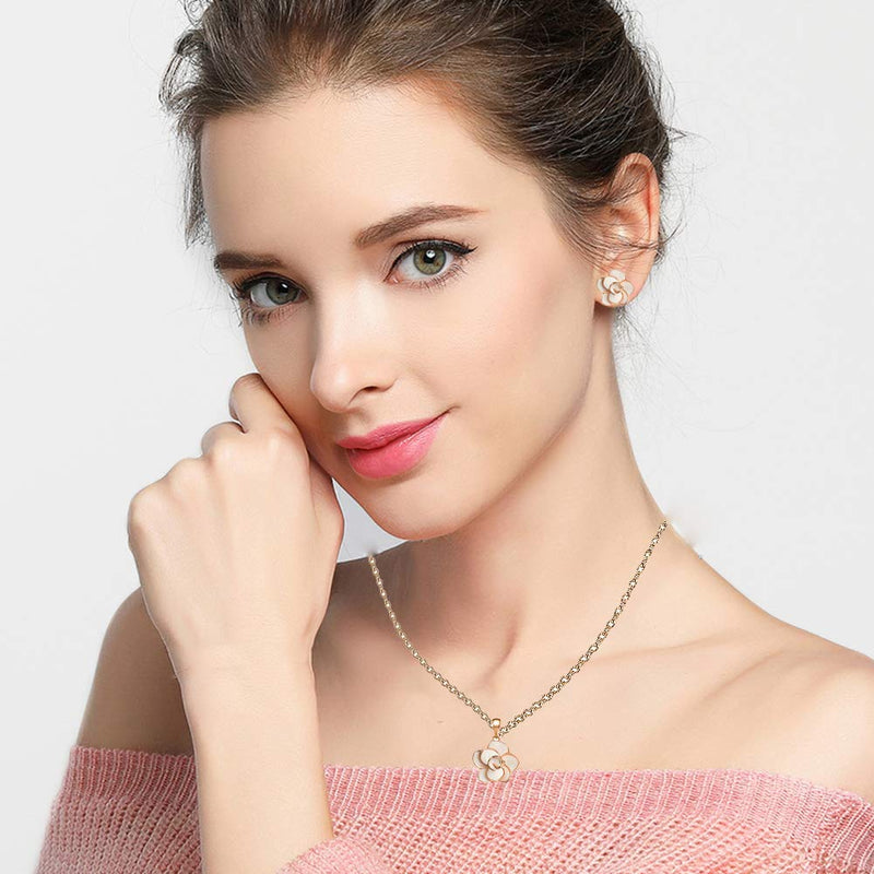[Australia] - EVEVIC Rose Flower Necklace Earrings Set for Women 18K Gold Plated Hypoallergenic Jewelry Sets White 