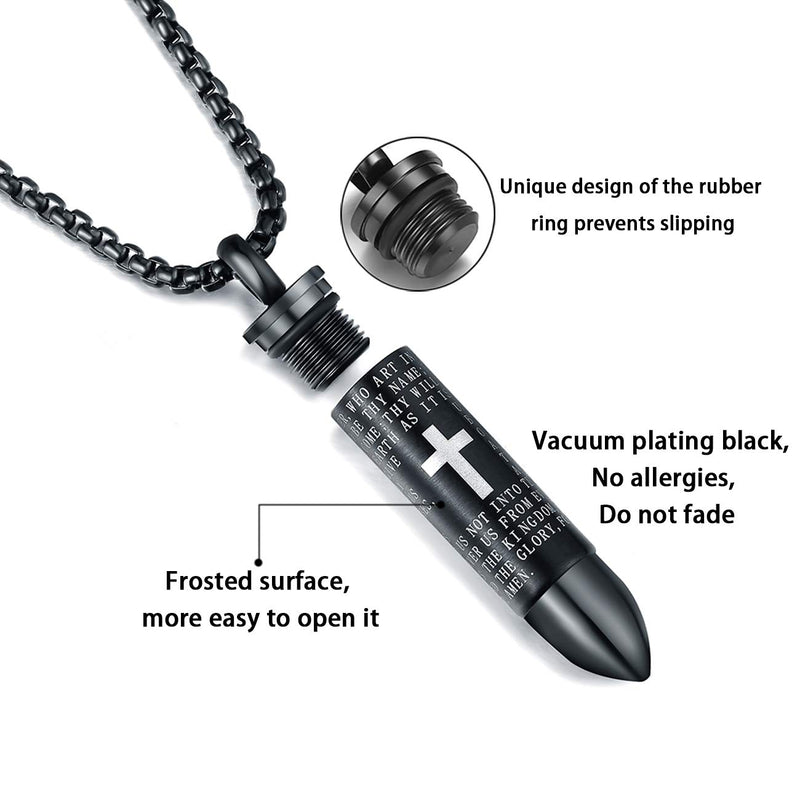 [Australia] - Molike Stainless Steel English Lord's Prayer Cross Bullet Pendant Urn Ashes Necklace for Men, 22 Inch Chain Black Engraved 