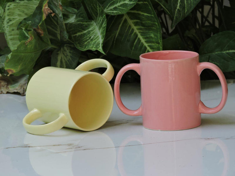 [Australia] - Dual Handle Mug Set of 2 for Secure Hold, MICROWAVE SAFE, 11.83 Fl. Oz. (350 Ml), BPA-FREE, Peach and Yellow Color 