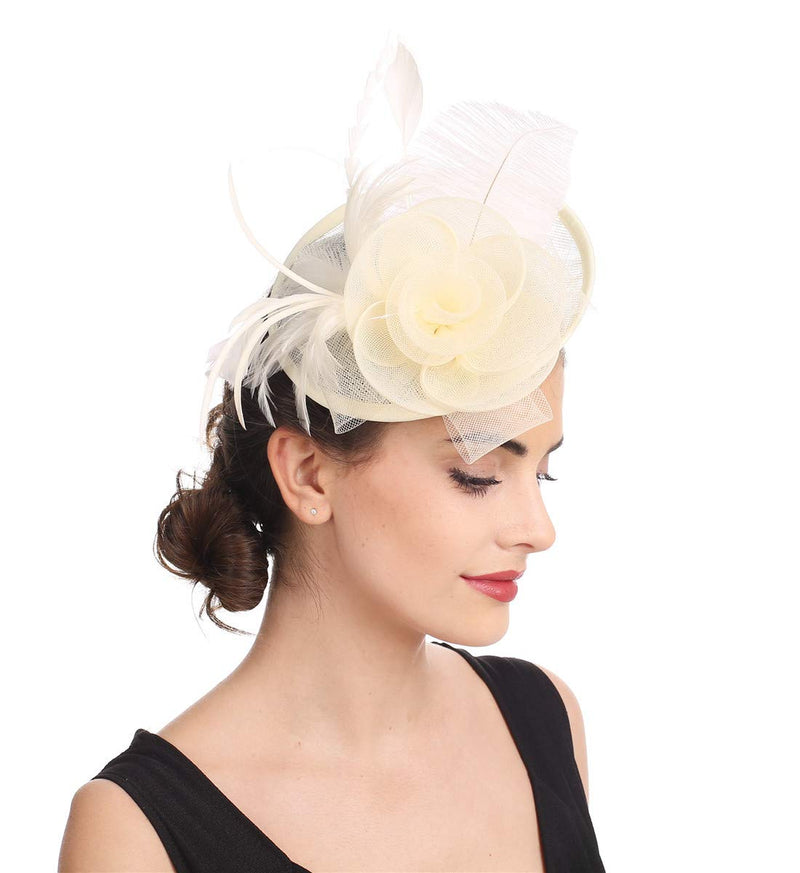 [Australia] - SAFERIN Fascinators Hat Sinamay Flower Mesh Feathers on a Headband and a Clip Tea Party Headwear for Girls and Women Ta4-sinamay Feather Beige 