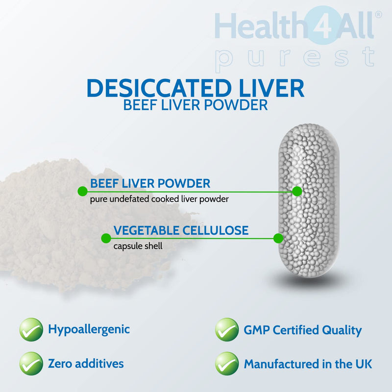 [Australia] - Desiccated Beef Liver 750mg 120 Capsules (V) (not Tablets) Purest- No additives. Non-defatted Natural Source of readily absorbable Vitamins and Minerals. Made in The UK by Health4All 120 Count (Pack of 1) 