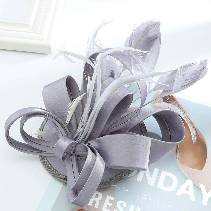 [Australia] - Zoestar Tea Party Fascinators Hair Clip with Headband Feather Fascinator Top Hat for Women (Silver Gray) Silver Gray 