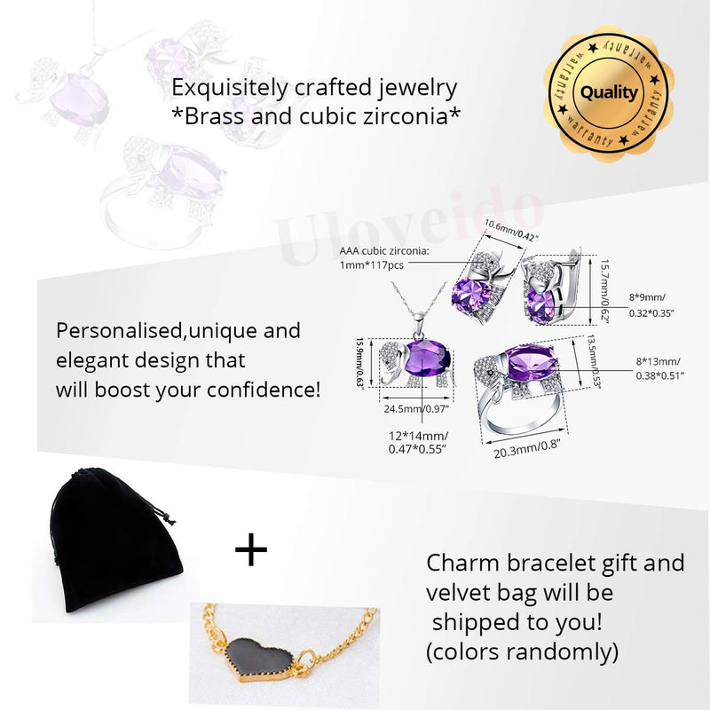 [Australia] - Uloveido Good Luck Big Elephant Shape Crystal Drop Pendant Necklace, Earrings and Rings Wedding Jewelry Set for Bridal Women Birthday Anniversary T485 Purple 8 