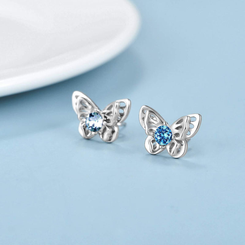 [Australia] - 925 Sterling Silver Butterfly Stud Earrings with Birthstone Crystals, Butterfly Jewellery Birthday Gifts for Women Girls Kids Daughter Simulated Sapphire 