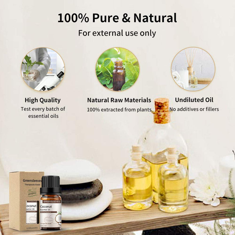 [Australia] - GREENSLEEVES Cocconut Essential Oil 10ml, Carrier Oil Natural Therapeutic-Grade Aromatherapy Diffuser Oil for Humidifier, Relax,Sleep,Skin Care, Candle Making, 10ML 