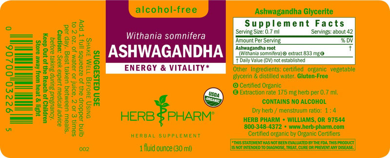 [Australia] - Herb Pharm Certified Organic Ashwagandha Extract Drops for Traditional Support for Energy and Vitality, Alcohol-Free Glycerite, 1 Oz 1 Fl Oz (Pack of 1) 