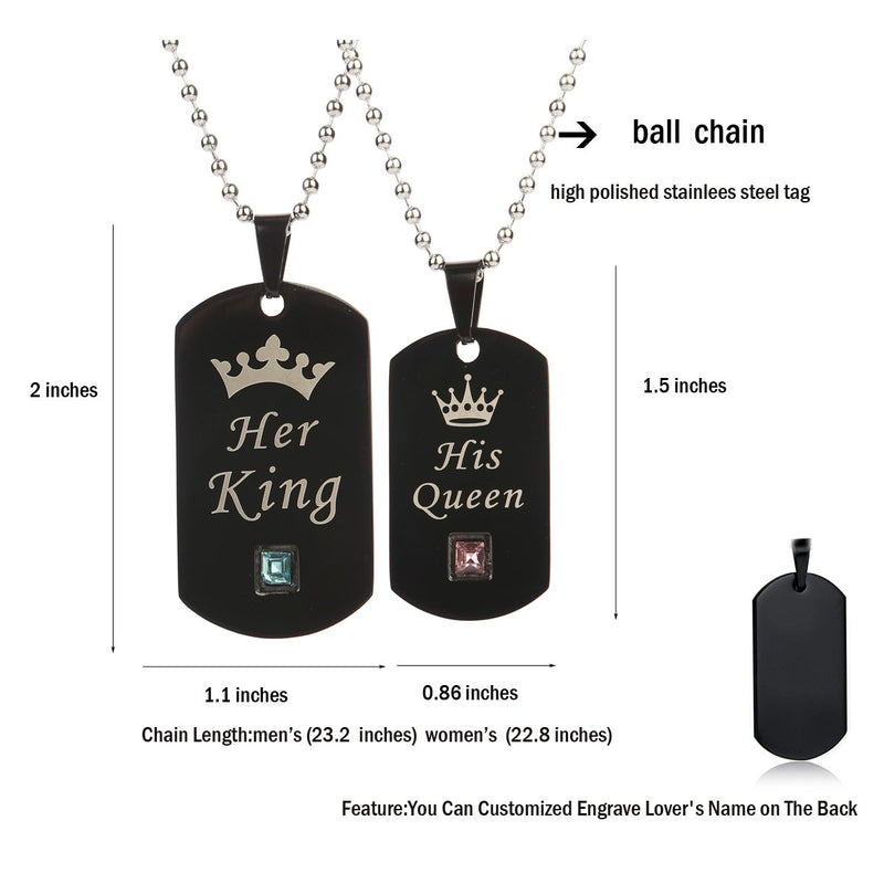 [Australia] - SXNK7 Her King & His Queen Lovers Couple Necklaces Matching Set Black Stainless Steel Tag Necklace Bracelet with Stone for Xmas Gift necklace bracelet sets 