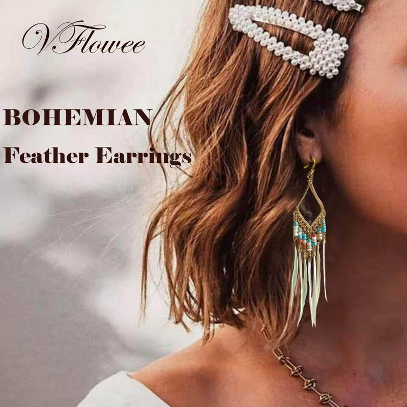 [Australia] - VFlowee Bohemian Earrings Set Feather Tassel Gold Ethnic Retro Boho Dangle Earring Bead Women Teen Girls Jewelry for Birthday Party Gifts 