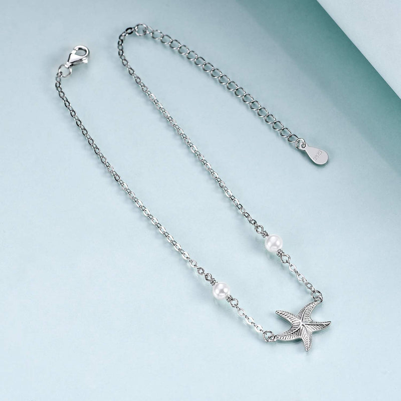 [Australia] - POPLYKE 925 Sterling Silver Infinity/Cross/Mermaid/Starfish/Pearl Anklet for Women Summer Jewelry B - Starfish Anklet 