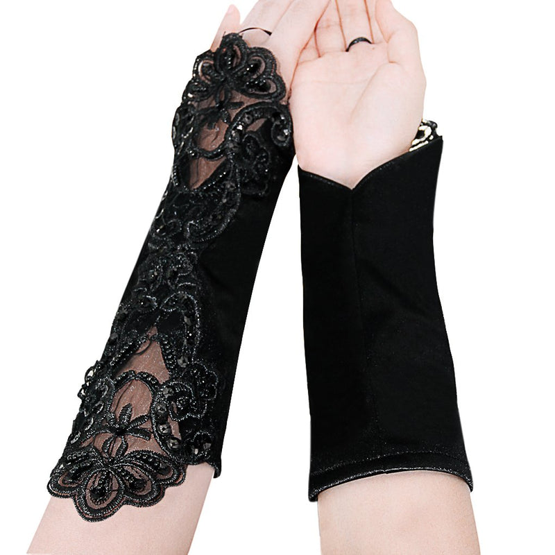 [Australia] - Flower Girls Gloves Pageant Satin Bowknot Wrist Long Lace Wedding Dress Gloves 5-12Yrs Fingerless Bead-black 