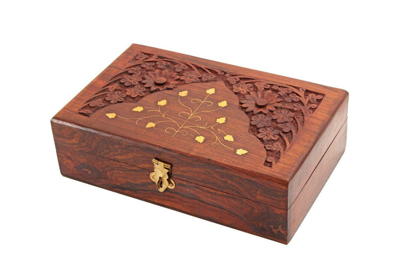 [Australia] - STORE INDYA Diwali Gifts Wooden Keepsake Storage Box Jewelry Trinket Holder Organizer Floral Hand Carvings with Brass Inlay 