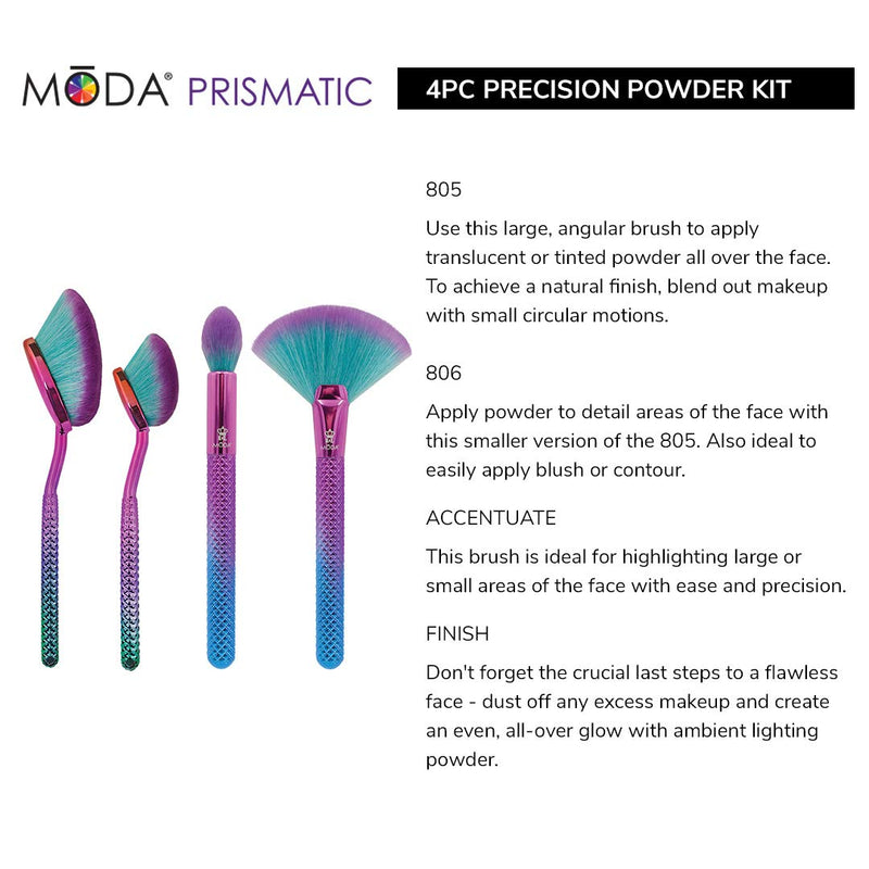[Australia] - MODA Full Size Prismatic Precision Powder 4pc Oval Makeup Brush Set, Includes - Large Precision Powder, Small Precision Powder, Accentuate, and Finish Brushes, Prismatic 