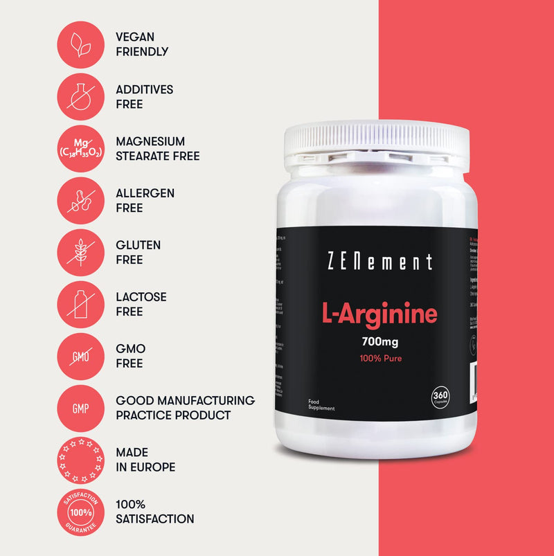 [Australia] - Zenement | L-Arginine, 100% Pure, 700mg, 360 Capsules | Vasodilator, Promotes Athletic Performance and Muscle Development | Vegan, Additive Free, Gluten Free 