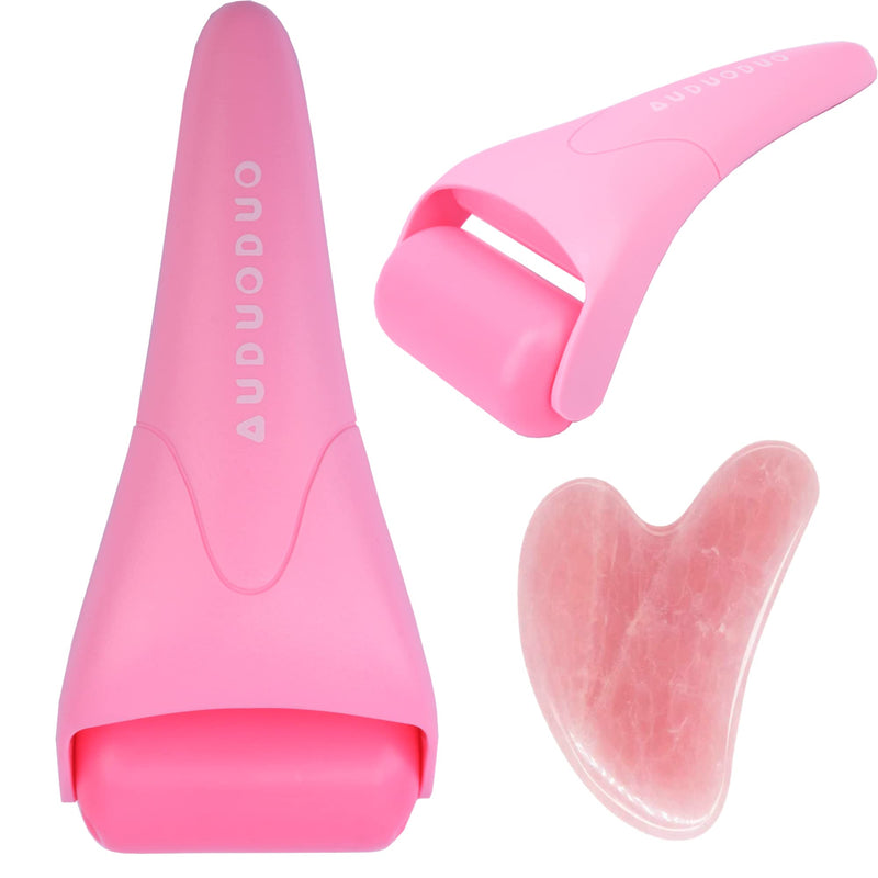 [Australia] - AUDUODUO� Premium skin care tool kit, Ice Roller for facials & GUA SHA facial lifting tool made of natural rose quartz, for Face, Neck, Body massage skin treatment PINK with Guasha 