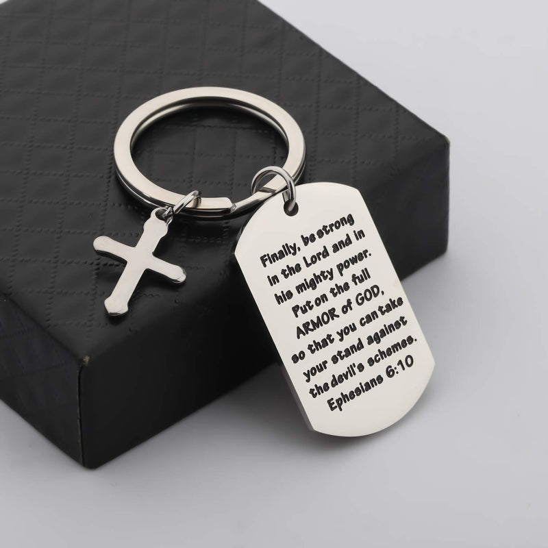 [Australia] - FUSTMW Christian Keychain Bible Verse Gifts Armor of God Cross Charm Ephesians 6:10 Religious Jewelry Confirmation Gifts silver 