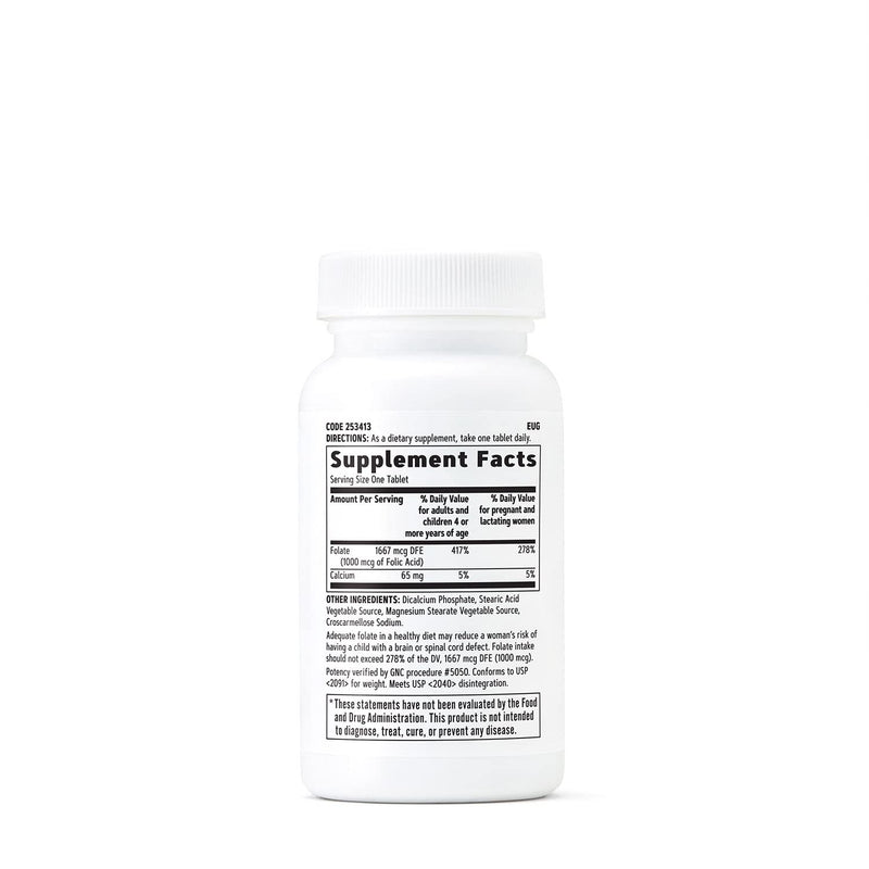 [Australia] - GNC Folic Acid 1000 mcg | Supports Healthy Fetal Development, Required for Proper Red Blood Cell Formation, Vegetarian Formula | 100 Tablets 