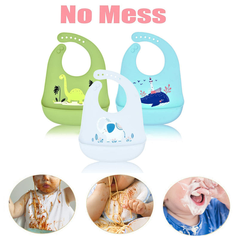 [Australia] - FILOWA Silicone Bibs for Babies,3 PCS Baby Weaning Silicone Bibs Feeding Waterproof Wide Food Crumb Soft Catcher Wipeable Adjustable Bib for Toddlers,Machine Washable No-Mess BPA Free Food Grade Bibs Grey 