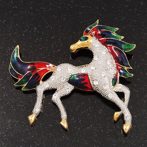 [Australia] - Avalaya Oversized Diamante Enamel Horse Brooch in Rhodium Plated Metal 