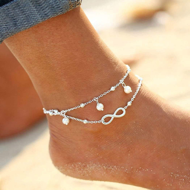 [Australia] - Zoestar Beach Pearl Anklet Bracelet Eternal Foot Jewelry Accessories for Women and Girls (Silver) Silver 