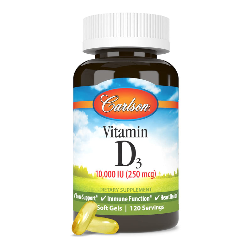 [Australia] - Carlson - Vitamin D3, 10000 IU (250 mcg), Vitamin D Supplements, Bone & Immune Support, Vitamin D3 Softgels, Heart Health, Gluten Free Vitamin D Capsules, 120 Softgels 120 Count (Pack of 1) 