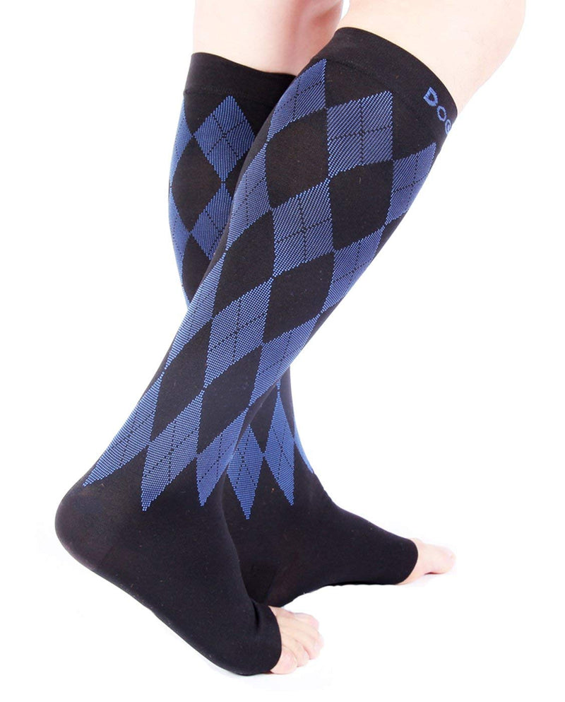 [Australia] - Doc Miller Open Toe Compression Socks Women 20-30mmHg, 1 Pair Toeless Socks for Women and Men - Argyle Design Large Black.blue Open Toe 