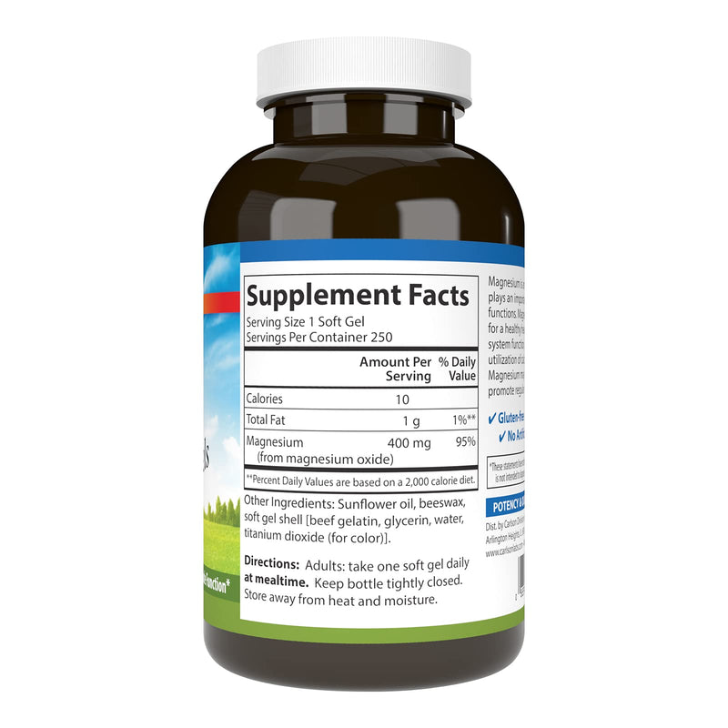 [Australia] - Carlson - Magnesium Gels, 400 mg of Magnesium per Softgel, Heart & Muscle Support, Magnesium Gel Caps, Bowel Function, Magnesium Supplement, 250 Softgels 250 Count (Pack of 1) 