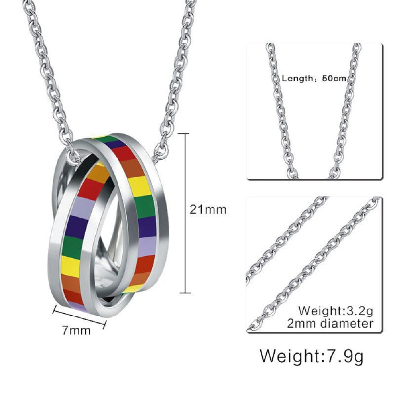 [Australia] - HoBST Gay Pride Rainbow Pendant Necklace LGBT Lesbian Flag with Chain Homosexual Double Rings 