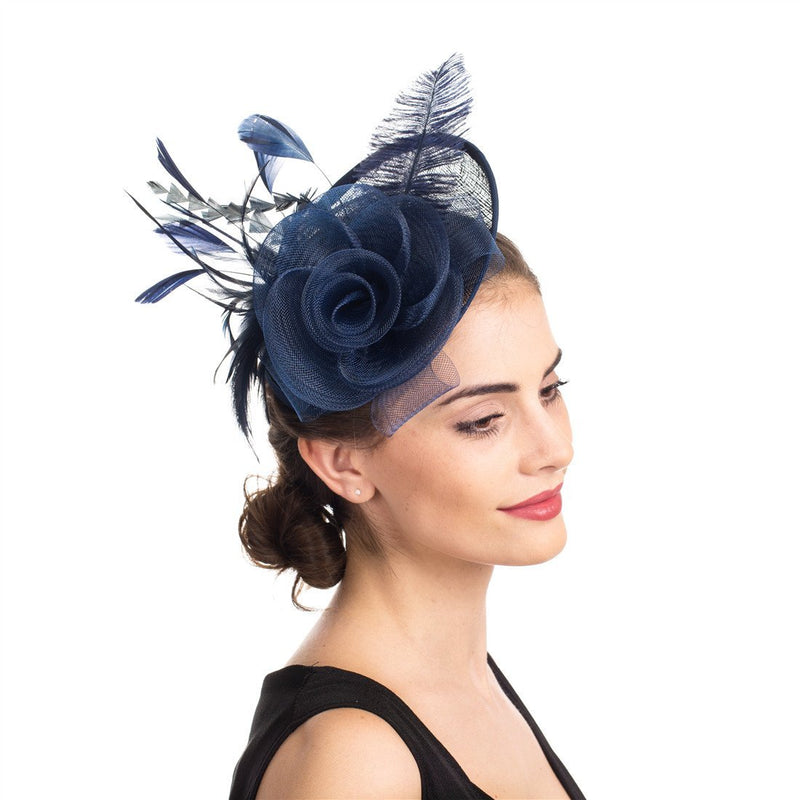 [Australia] - Sinamay Flower Feather Headband Fascinator Wedding Headwear Ladies Race Royal Ascot Pillbox Wedding Cocktail Tea Party Derby Hat for Women A4-navy Sinamay 