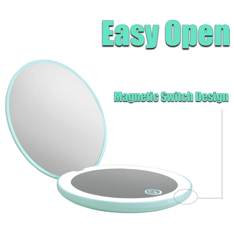 [Australia] - wobsion Led Compact Mirror, Rechargeable 1x/10x Magnification Compact Mirror, Dimmable Small Travel Makeup Mirror,Pocket Mirror for Handbag,Purse,Handheld 2-Sided Mirror,,Gifts for Girls,Cyan Cyan 