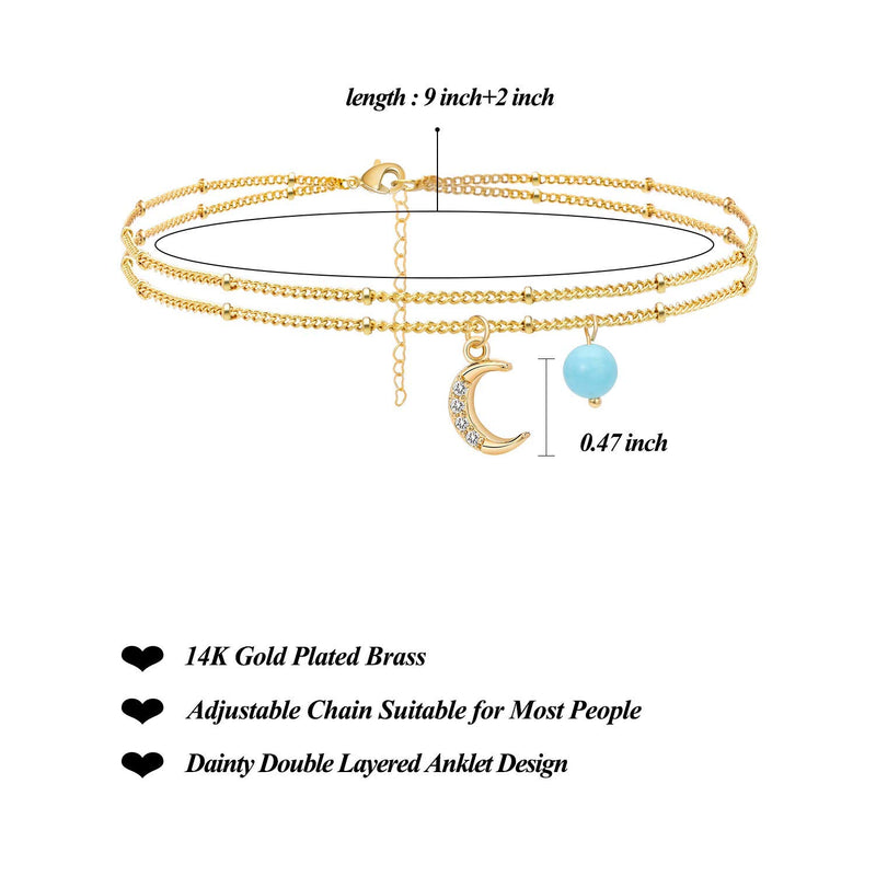 [Australia] - Estendly Dainty Star Moon Double Layered Beads Ankle Bracelet 14K Gold Plated Adjustable Beach Anklet Jewelry Gift for Women Girls 02 Moon 