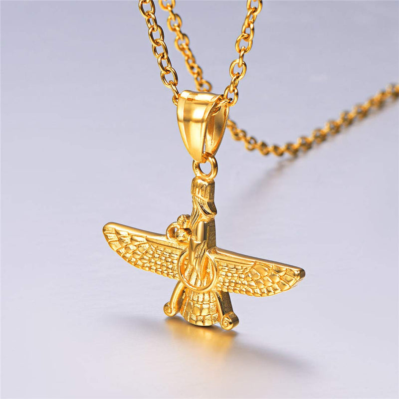 [Australia] - U7 Farvahar Pendant Chain Stainless/Black Gun/18K Gold Plated Symbol Iran Persian Gift Necklace, Customizable Small Farvahar Gold Tone 