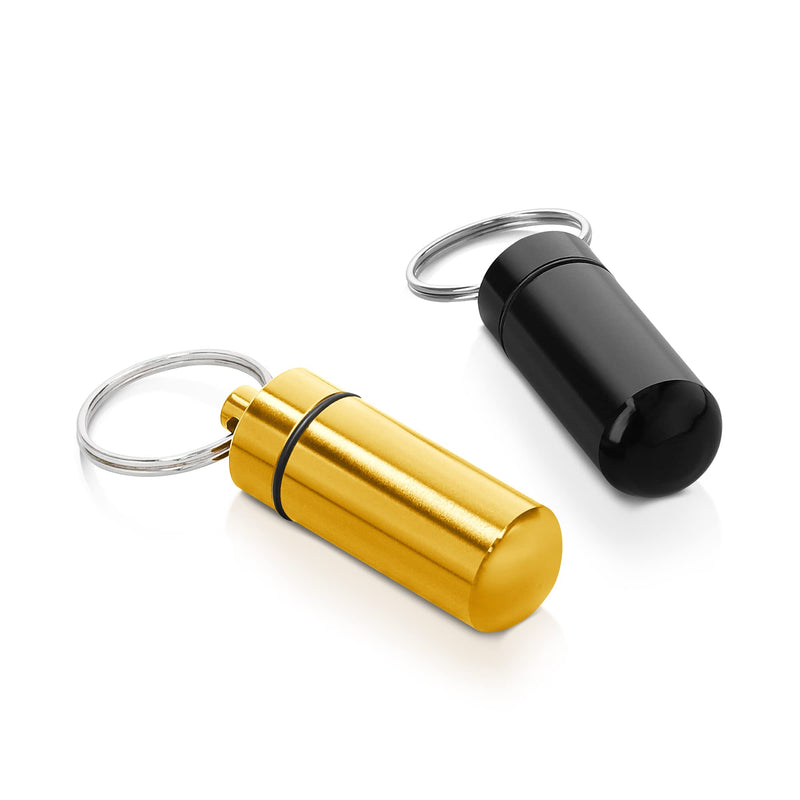 [Australia] - kwmobile Key Ring Pill Cases (Pack of 2) - Metal Keychain Mini Pill Case Holders Keyring Chain Portable Pills Container - Black/Gold Black / Gold 