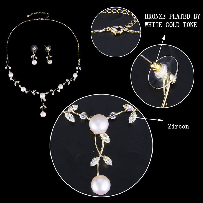 [Australia] - EVER FAITH CZ Crystal Cream Simulated Pearl Floral Vine Filigree Necklace Earrings Set A_Gold-Tone 