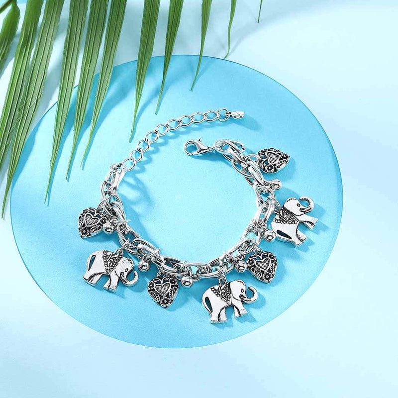 [Australia] - Brinote Boho Elephant Foot Chain Silver Heart Anklet Beach Bead Ankle Bracelet Jewelry for Women and Girls 