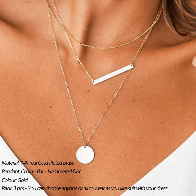 [Australia] - Turandoss Dainty Layered Choker Necklace, Handmade 14K Gold Plated Y Pendant Necklace Multilayer Bar Disc Necklace Adjustable Layering Choker Necklaces for Women 3 Layer Necklace - Chain&Bar&Hammered Disc 