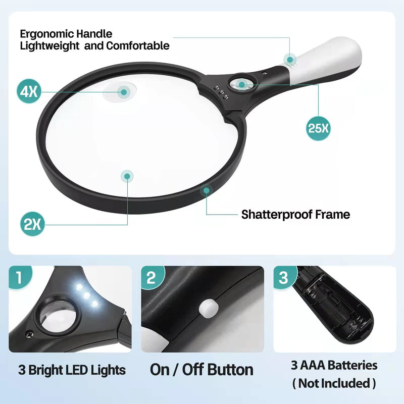 [Australia] - Magnifying Glass with Light, 5.5 Inch Large Magnifier 2X 4X 25X Zoom Magnifying Glass Lens with 3 Bright LED Illuminated Lighted Handheld Magnifier for Seniors Reading, Stamps, Map Black 1 