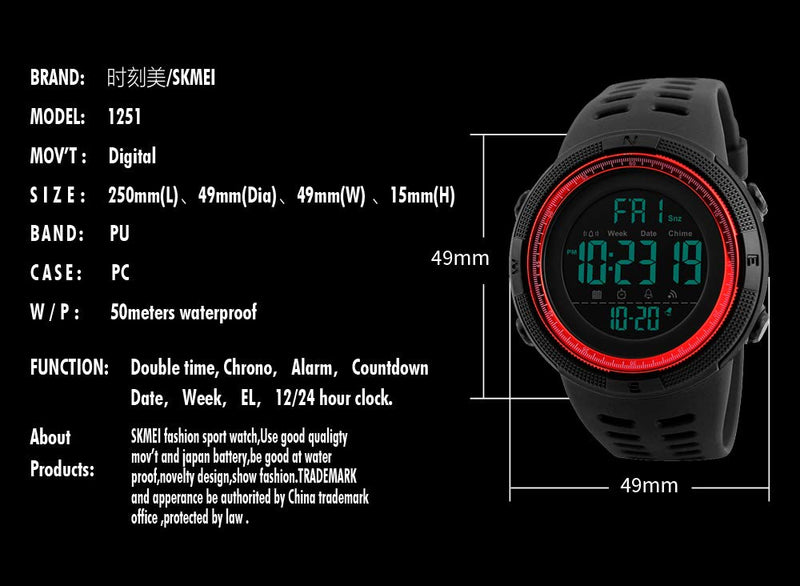 [Australia] - Tonnier Watch Mens Outdoor Sports Watches Multifunction Digital LED Military Dual Time Back Light Stopwatch Waterproof Wristwatches for Man with PU Band Red 