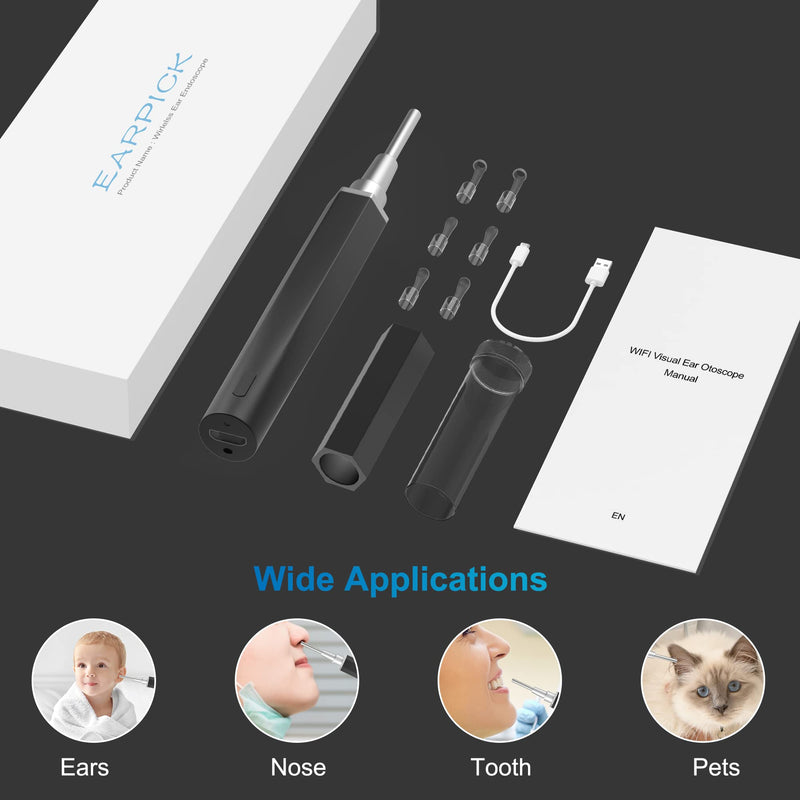 [Australia] - Ear Wax Removal, Ear Cleaner with Camera Earwax Remover Tool, Ear Camera Otoscope kit with Light, Ear Wax Camera with 6 Ear Spoon for Kids, Adults & Pets Silver Black 