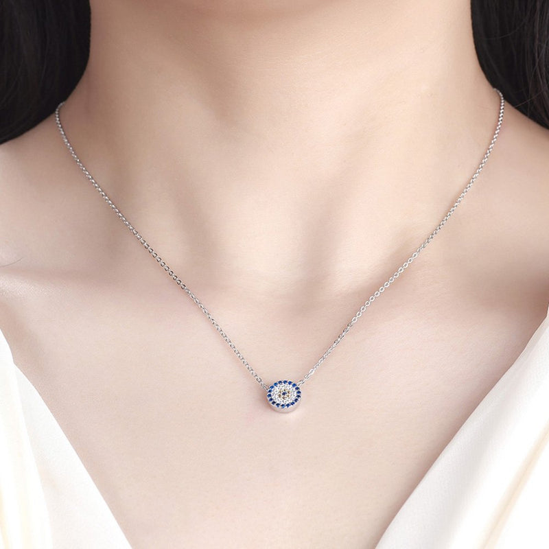 [Australia] - Kaletine Round Evil Eye Pendant Necklace Sterling Silver 925 Created Cubic Zirconia CZ Cable Chain 16"+2" Extender Rose Gold 